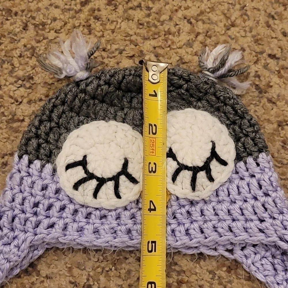 Hand- knit owl purple/gray winter hat